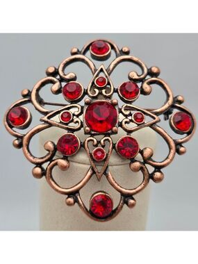 Ruby Red & Gold Tone Filigree Brooch Antique Vintage Look Pin